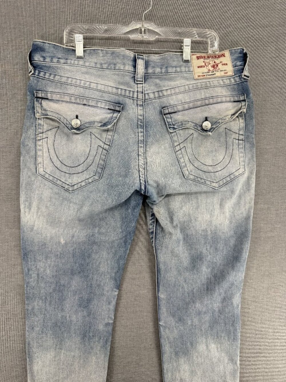 True Religion Jeans Mens 38x25 Blue Denim Pants Embroidered Flap Pockets Fade